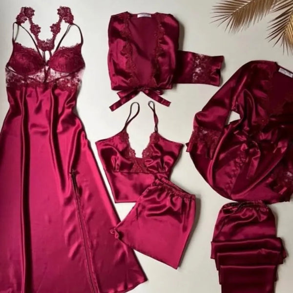 6-Piece Long Slit Silk Nighty Set in Maroon – Luxurious Nightwear for Women