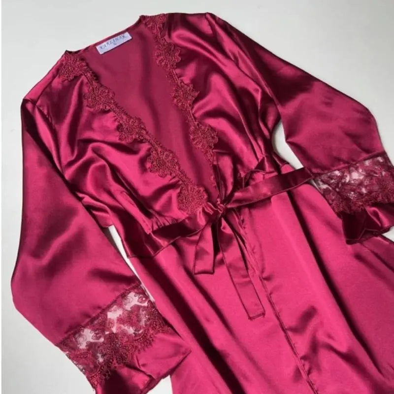 6-Piece Long Slit Silk Nighty Set in Maroon – Luxurious Nightwear for Women