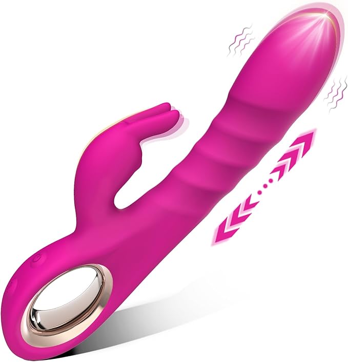 Thrusting Rabbit Vibrator, G Spot Clitoral Vibrator Waterproof & Rechargeable Realistic Silicone Dildo Vibrator with 3 Thrusting & 10 Vibrating Modes, Rose Sex Toys for Women