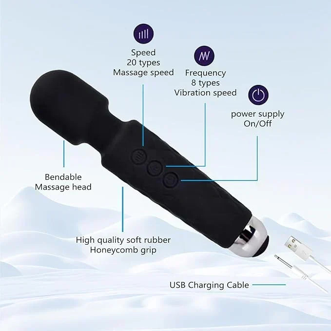 Handheld Electric Back Massager - 8 Speeds 20 Modes - Rechargeable&Waterproof&Quiet Handheld Deep Tissue Neck Back Massager（Black）