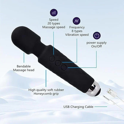 Handheld Electric Back Massager - 8 Speeds 20 Modes - Rechargeable&Waterproof&Quiet Handheld Deep Tissue Neck Back Massager（Black）