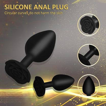 Anal Butt Plug Rose Se*x Toy, 3Pcs Silicone Anal Plugs Training Set,Training Set with Flared Base Prostate Se*x Toys for Beginners Advanced Users(Black)