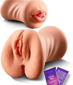 Pocket Pussy for Men, 3-in-1 Realistic Male Masturbator with Mouth Vagina and Anus, 7.1" Deep 3D Textured Male Sex Toy for Endurance Training & Pleasure, Discreet Brown Skin Stroker Doll