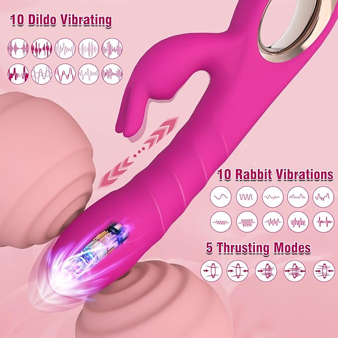 Thrusting Rabbit Vibrator, G Spot Clitoral Vibrator Waterproof & Rechargeable Realistic Silicone Dildo Vibrator with 3 Thrusting & 10 Vibrating Modes, Rose Sex Toys for Women