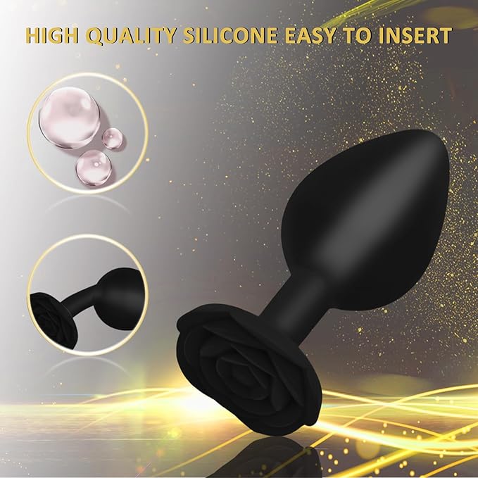Anal Butt Plug Rose Se*x Toy, 3Pcs Silicone Anal Plugs Training Set,Training Set with Flared Base Prostate Se*x Toys for Beginners Advanced Users(Black)