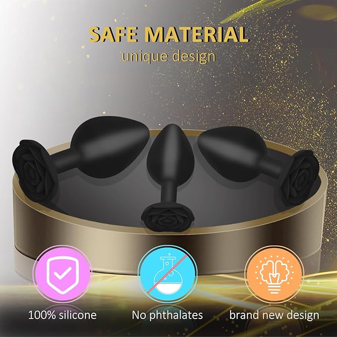 Anal Butt Plug Rose Se*x Toy, 3Pcs Silicone Anal Plugs Training Set,Training Set with Flared Base Prostate Se*x Toys for Beginners Advanced Users(Black)